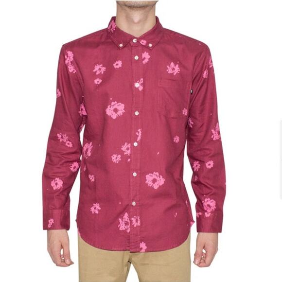 Obey Oh Daisy Burgundy Woven Button Down Shirt size Medium - Picture 1 of 10